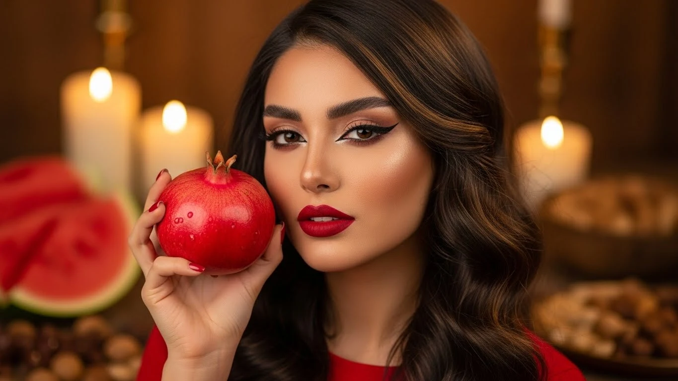 مدل آرایش شب یلدا با رژ لب قرمز و انار در دست